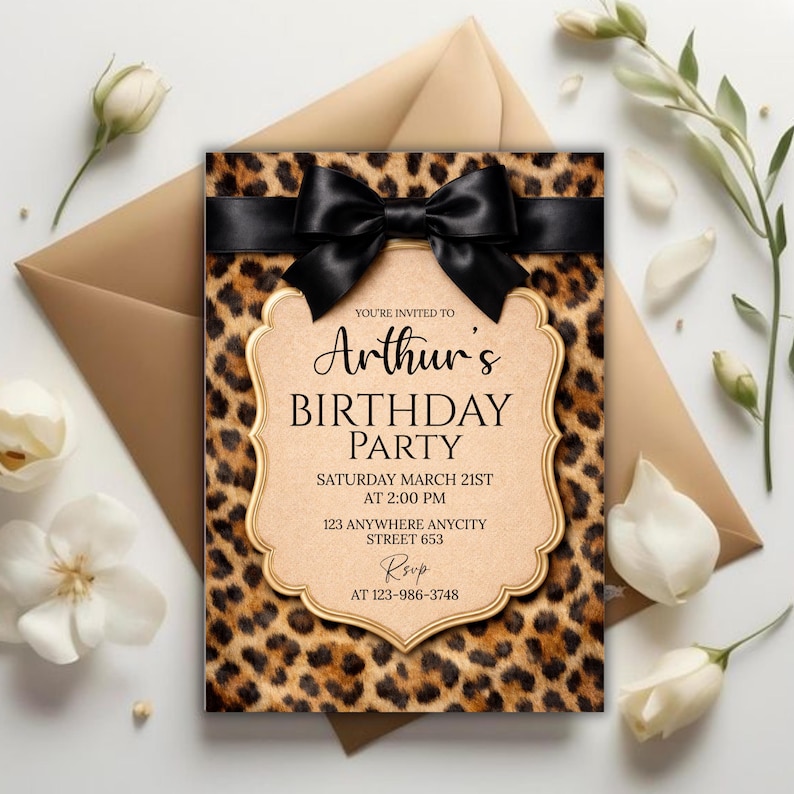 Cheetah Print Birthday Invitation, Coquette Bow Birtday, Birthday Invitations, Digital Download, Printable Invite, Canva Editable Template