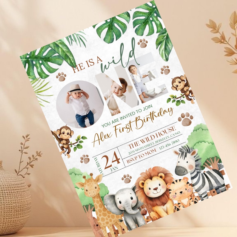 Wild One Birthday Safari Invitation, Editable Digital Download, Jungle Animals 1st Birthday Invite With Photo Printable, Text Invite, DIY