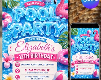 Plantilla de invitación de cumpleaños para fiesta en la piscina para chicas, invitación para fiesta en la piscina, invitación de cumpleaños para adolescentes, descarga digital, plantilla editable de Canva