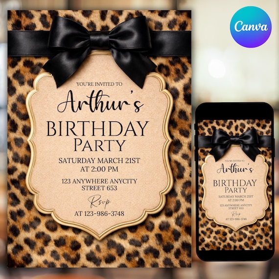 Cheetah Print Birthday Invitation, Coquette Bow Birtday, Birthday Invitations, Digital Download, Printable Invite, Canva Editable Template