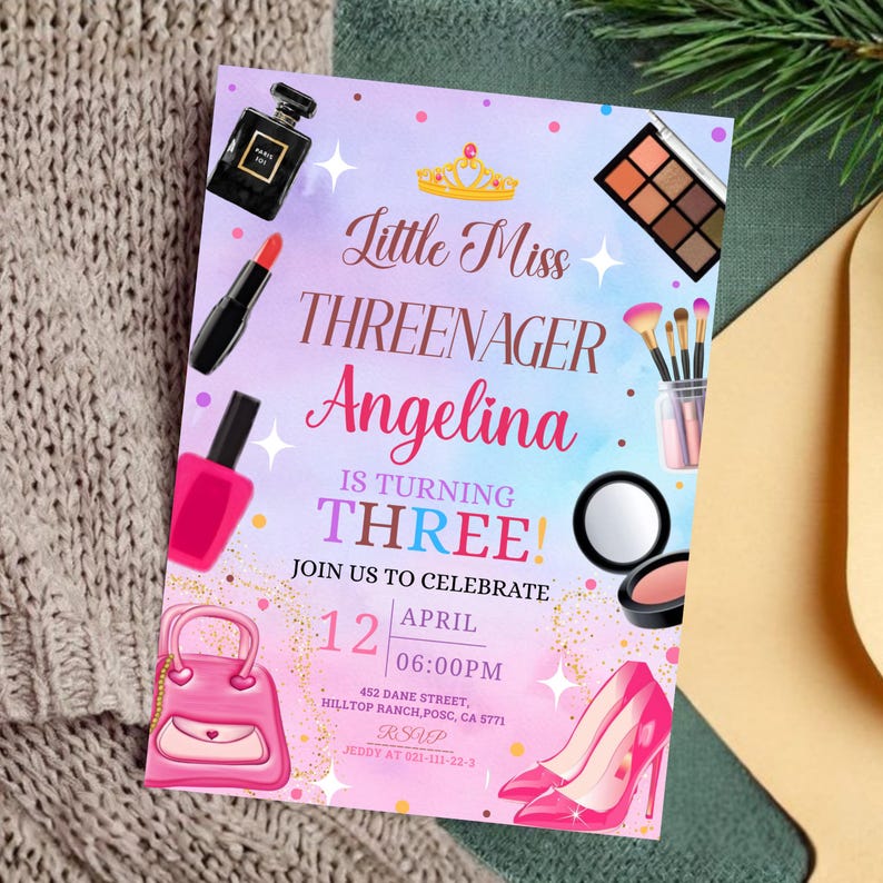 Fashion & Makeup Miss Threenager Birthday Party Invitation Card Template, Digital Girls Spa 3rd Birthday Invite, Mobile Evite,Canva Editable