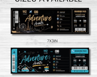 Plantilla de boleto de embarque, regalo sorpresa de aerolínea, diseño moderno, invitación de regalo, boleto de vacaciones, regalo para ella, regalo para parejas, editable en Canva