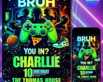 BRUH YOU IN, Neon Gamer Birthday Invitation, Bold Neon Lights for High, Energy Gaming Parties, Gamer Invite, Editable Canva Template