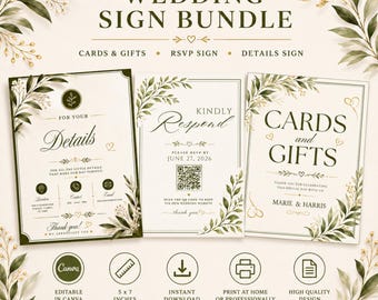 Letrero de boda con tarjetas y regalos, decoración de boda de lujo para familias adineradas, letrero elegante verde oliva, descarga instantánea, plantilla editable de Canva.