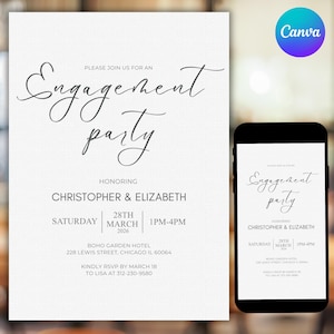 May include: An engagement party invitation with elegant script. The invitation includes the names Christopher & Elizabeth, date, time, and location. A smartphone displays the invitation. The Canva logo is in the upper right corner.