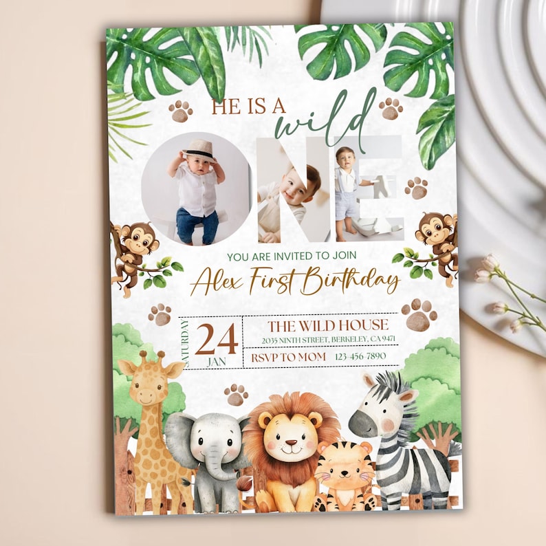 Wild One Birthday Safari Invitation, Editable Digital Download, Jungle Animals 1st Birthday Invite With Photo Printable, Text Invite, DIY