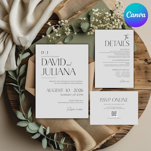 May include: A wedding invitation suite featuring a minimalist design. The invitation includes the names "David and Juliana", event details, and RSVP information. The suite is arranged on a wooden surface with floral accents and neutral-toned fabric.