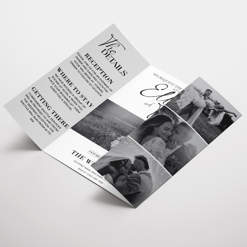 Photo Gatefold Wedding Invitation Template, Folded Wedding Trifold Invitation, Photo Booth Strip Folded Invitation, Canva Editable Template