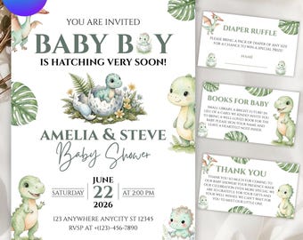 Paquete de invitaciones para baby shower, plantilla digital de Canva con rifa de pañales, tarjeta de libros para bebé y temática de dinosaurios, descarga digital, editable en Canva.