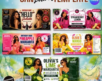 May include: A digital collection of five rectangular can label templates featuring vibrant photography of people, fruit, and cocktails. Each label includes text such as Birthday Babe, Strawberry Lemon Margarita, Pineapple Margarita, Mango Margarita, and Lime Margarita.