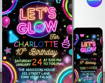 Invitación de cumpleaños Glow Party, invitación Glow, invitación de cumpleaños Glow Crazy, cumpleaños Glow, invitación de cumpleaños Glow, Canva editable