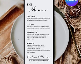 Plantilla de menú de boda moderna, tarjeta de menú de boda digital, plantilla de menú de cena de boda personalizada, plantilla editable en Canva, descarga digital.