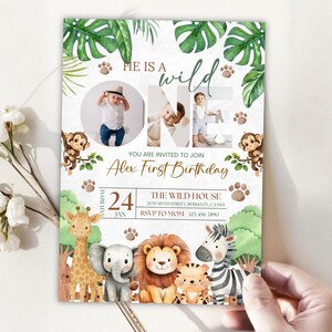 Wild One Birthday Safari Invitation, Editable Digital Download, Jungle Animals 1st Birthday Invite With Photo Printable, Text Invite, DIY