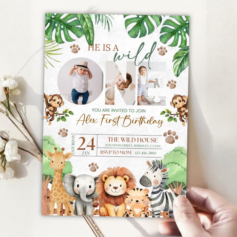 Wild One Birthday Safari Invitation, Editable Digital Download, Jungle Animals 1st Birthday Invite With Photo Printable, Text Invite, DIY
