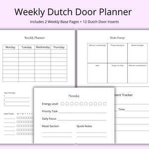 Może przedstawiać: Biały planer z tekstem "Weekly Dutch Door Planner" i "Includes 2 Weekly Base Pages + 12 Dutch Door Inserts." Planer zawiera sekcje do planowania tygodniowego, burzy mózgów i śledzenia nawyków.