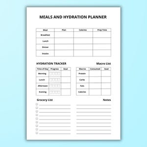 Puede incluir: Un planificador blanco titulado "MEALS AND HYDRATION PLANNER" con secciones para la planificación de comidas, el seguimiento de la hidratación, una lista de macros y una lista de compras. El planificador incluye espacios para rastrear calorías y tiempo de preparación.