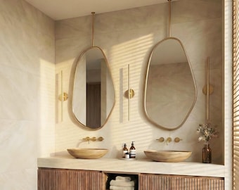 Custom Stainless Steel Hanging Mirror, Asymmetrical Ceiling Mirror, Modern Bathroom & Salon Vanity Decor