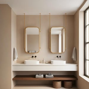 Pode incluir: Um design de casa de banho moderno com dois espelhos retangulares com molduras douradas suspensos do teto. Os espelhos estão pendurados acima de pias brancas com torneiras pretas. O quarto tem uma paleta de cores neutras com uma prateleira de madeira e cestos de vime.