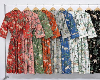 Green Cotton Kimono Robe Dressing Gown, wedding robe Block Print Bridesmaid Robe, Summer Nightwear bathrobe beachwear women men gifts tiger