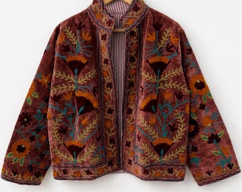 Suzani Embroidered Velvet Winter Jacket | Handmade Short Festival Coat | Ethnic Bohemian Outerwear | Winter Kimono Jacket | Gift For Wife