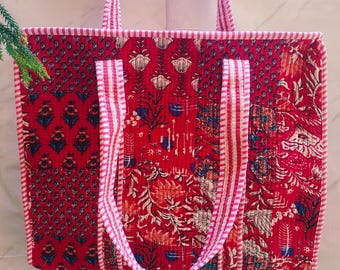 Handmade Quilted Cotton Tote Bag, Floral Block Print Shoulder Bag, Reusable Everyday Carryall