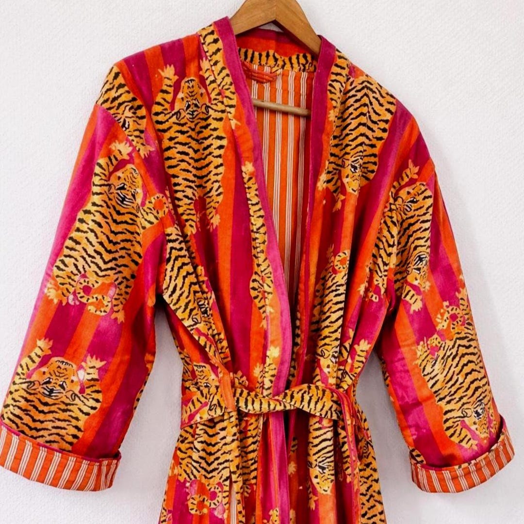 Velvet Tiger Print Kimono Robe: Handmade Velvet Cotton Blend Nightwear ...