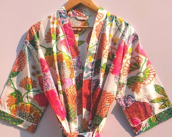 Floral Cotton Kimono Robe, Block Print Bridesmaid Dressing Gown , Colorful Botanical Print, Summer Nightwear