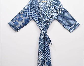 Hand Block Printed Indigo Kimono Robe | Boho Patchwork Cotton Dressing Gown
