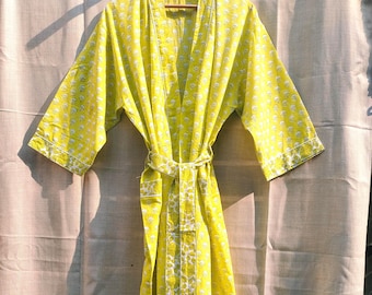Block Print Cotton Kimono Robe, Floral Bridesmaid Dressing Gown, Loungewear, Handmade
