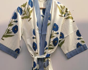 Block Print Cotton Kimono Robe, Floral Bridesmaid Dressing Gown, Summer Nightwear