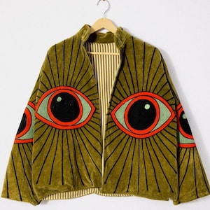 Chaqueta de terciopelo verde oliva con ojos - Kimono con bordado celestial - Abrigo bohemio con efecto musgo - Psicodélico