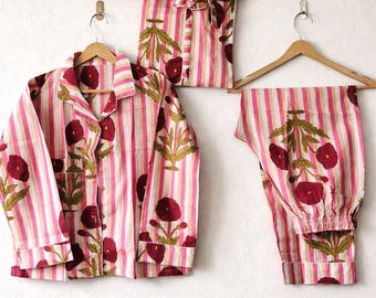 Pijama de algodón con estampado de bloques: ropa de estar estilo bohemio con bolsa