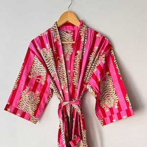 Pink Cotton Kimono Robe with Tiger Print – Handmade Boho Dressing Gown