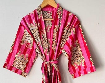Pink Cotton Kimono Robe with Tiger Print – Handmade Boho Dressing Gown