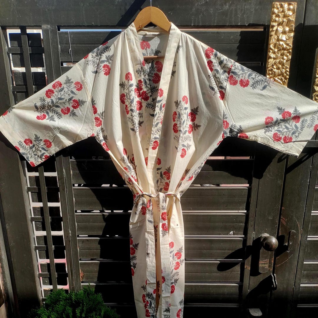 Indigo Robe Hand Block Printed Indigo Kimono Robe | Boho Cotton Dressing Gown - Etsy