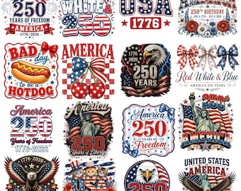 Pacchetto PNG per il 250° anniversario dell'America / Disegni 1776-2026 / Disegni PNG per il 4 luglio / PNG per il compleanno dell'America / PNG del 4 luglio