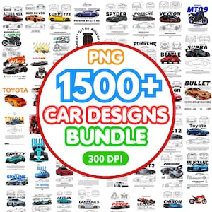 Puede incluir: Un paquete digital de más de 1500 diseños de coches en formato PNG. La imagen presenta varios modelos de coches, incluyendo Porsche, Toyota y Mustang, con el texto "Car Designs Bundle" y "300 DPI".