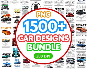 Pacchetto di oltre 1500 design per magliette a tema automobilistico / File PNG di auto e moto / Grafica vettoriale stampabile / Download immediato