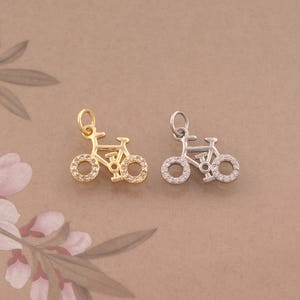 Zarter goldener Fahrradanhänger mit Zirkonia, Fahrrad-Schmuckanhänger, Fahrradanhänger zum Selbermachen von Halsketten und Armbändern, 18 Karat Gold
