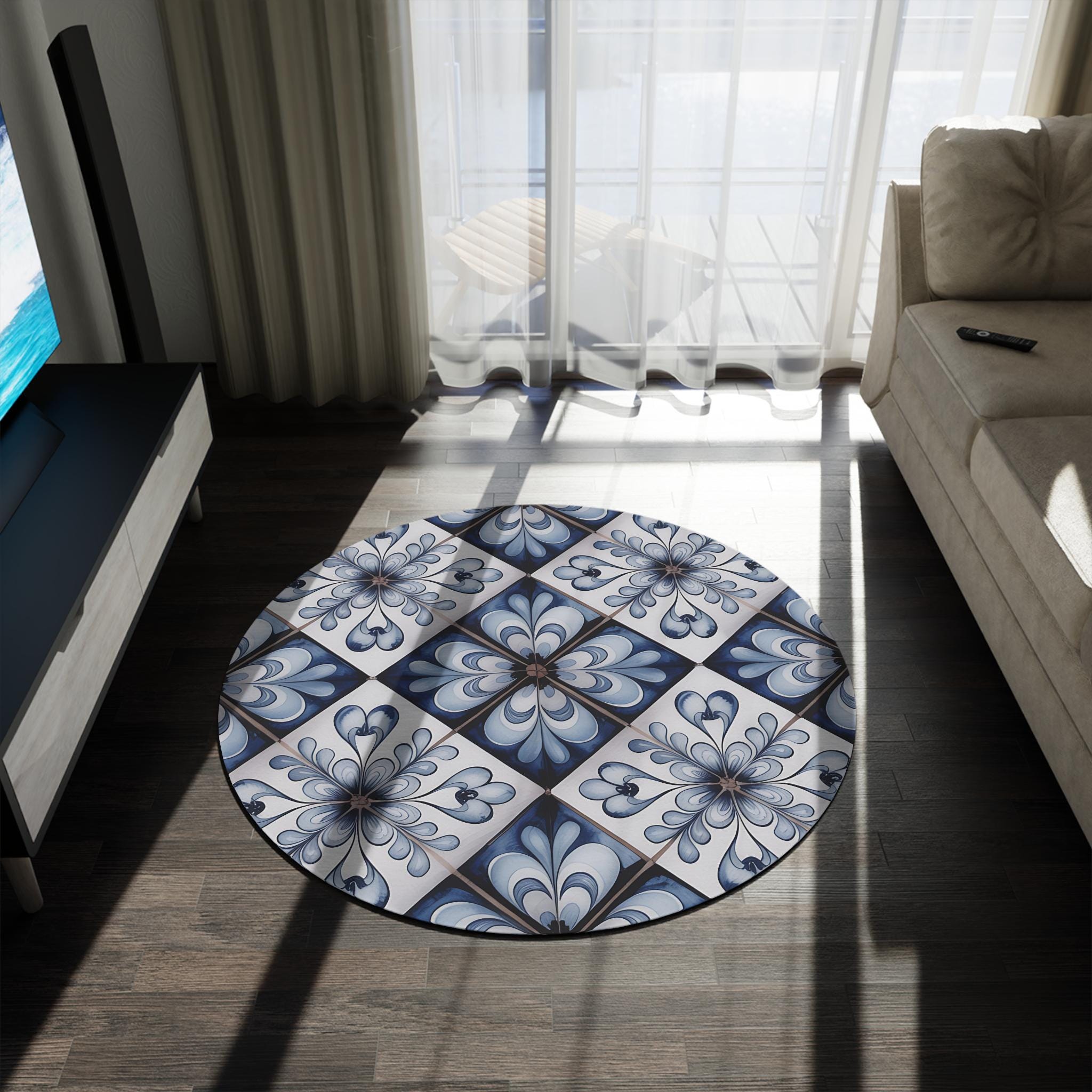 Blue Floral Tile Pattern Round Rug | Moroccan Inspired Floor Mat - Etsy