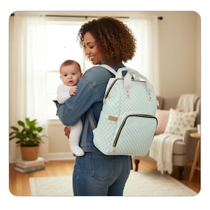 Mint Gingham Diaper Backpack Checkered Baby Changing Bag Baby Shower Gift New Mom