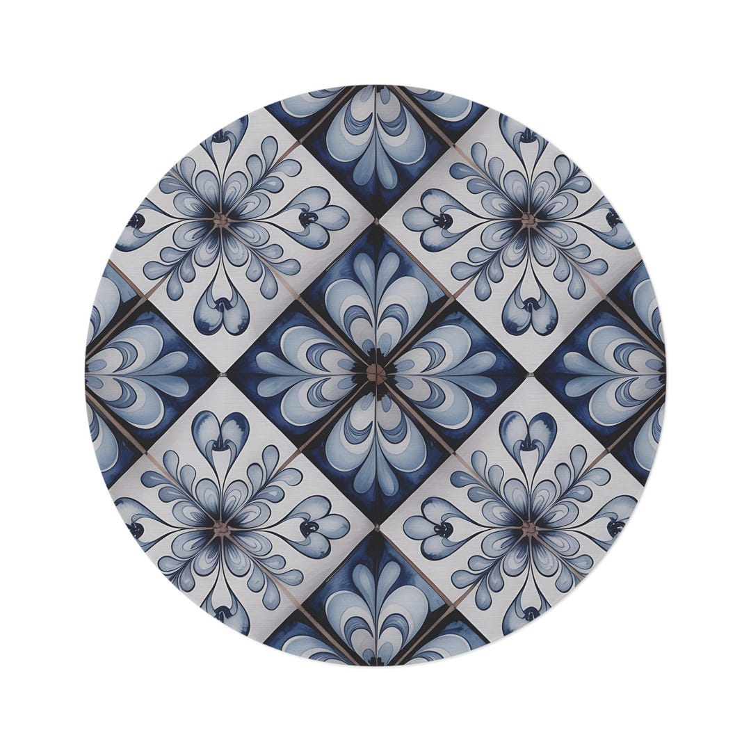 Blue Floral Tile Pattern Round Rug | Moroccan Inspired Floor Mat - Etsy