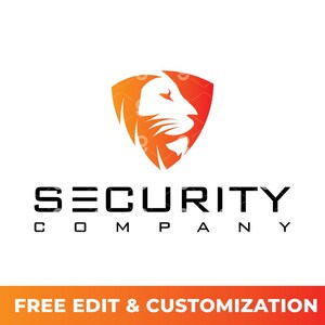 Puede incluir: Un logotipo de una empresa de seguridad con la cabeza de un león naranja dentro de un escudo. El nombre de la empresa, "SECURITY COMPANY", está en letras negras. La pancarta inferior dice "FREE EDIT & CUSTOMIZATION".