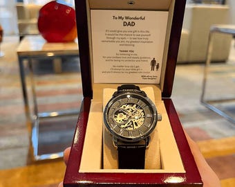 Men’s Skeleton Automatic Watch – Openwork Mechanical Timepiece with Genuine Leather Band, Luxury Gift for Dad from Daughter