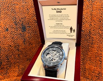 Men’s Skeleton Automatic Watch – Openwork Mechanical Timepiece with Genuine Leather Band, Luxury Gift for Dad from Son