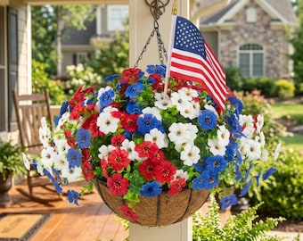 Cesta colgante patriótica con bandera estadounidense – Decoración floral roja, blanca y azul, ideal para decorar el porche en el 4 de julio.