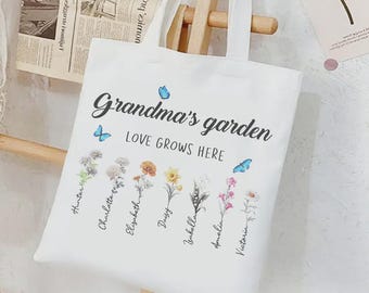 Bolsa de mano personalizada con diseño de jardín de flores de nacimiento, jardín de la abuela con nombres de niños, regalo personalizado para mamá.