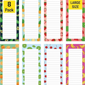 May include: An 8-pack of colorful, lined notepads with fruit-themed borders. Designs include avocados, pineapples, strawberries, watermelon, oranges, kiwi, cherries, and bananas. One notepad is labeled "LARGE SIZE".