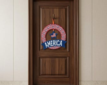 Colgante de puerta patriótico del 4 de julio, letrero de corona estadounidense, decoración roja, blanca y azul, adorno de pared del Día de la Independencia, decoración festiva de EE. UU.