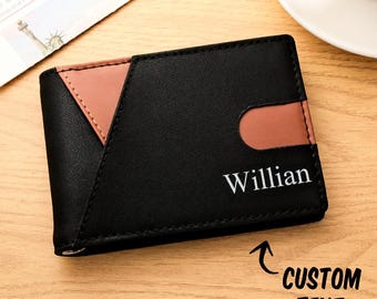 Cartera personalizada de piel sintética grabada con clip para billetes, cartera para hombre con nombre personalizado, regalo minimalista y delgado para él, regalo de cumpleaños